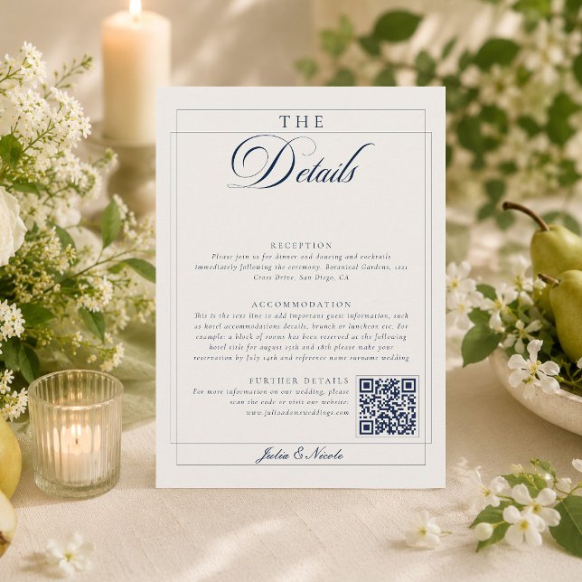 Classic Navy Ivory Calligraphy QR Code Details Enclosure Card (Creator Uploaded)