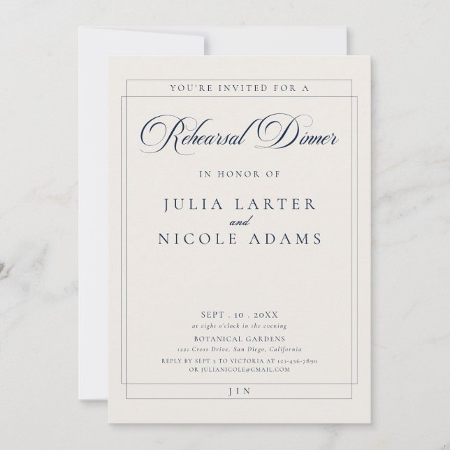 Classic Navy Ivory Calligraphy Rehearsal Dinner Invitation (Front)