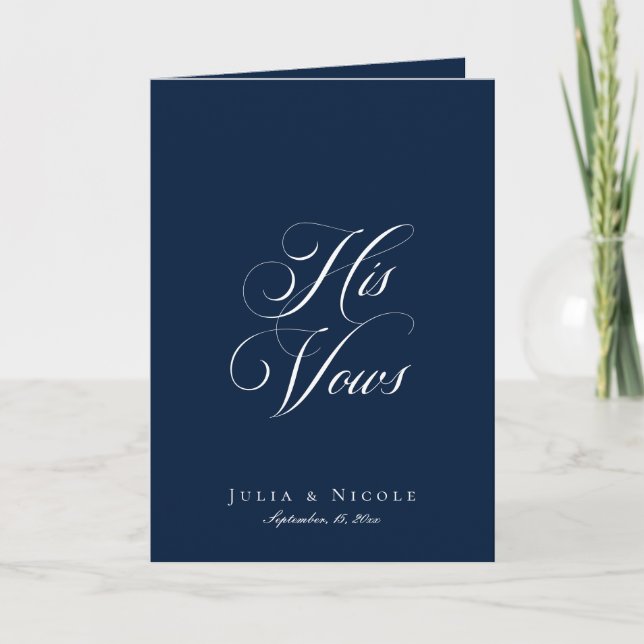 Classic Navy Ivory Calligraphy Wedding His Vows Card (Front)