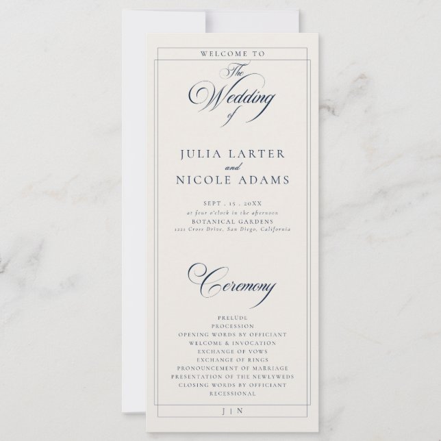 Classic Navy Ivory Calligraphy Wedding Program (Front)