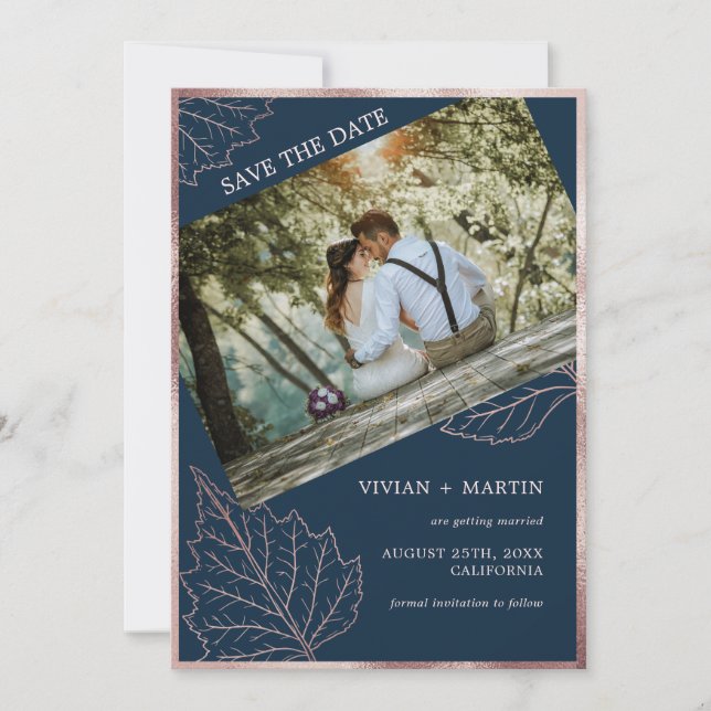 Classic Navy Matt Rose Gold Leaves Wedding Save The Date (Front)
