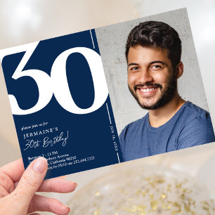 Classic Navy Photo 30th Birthday Invitation