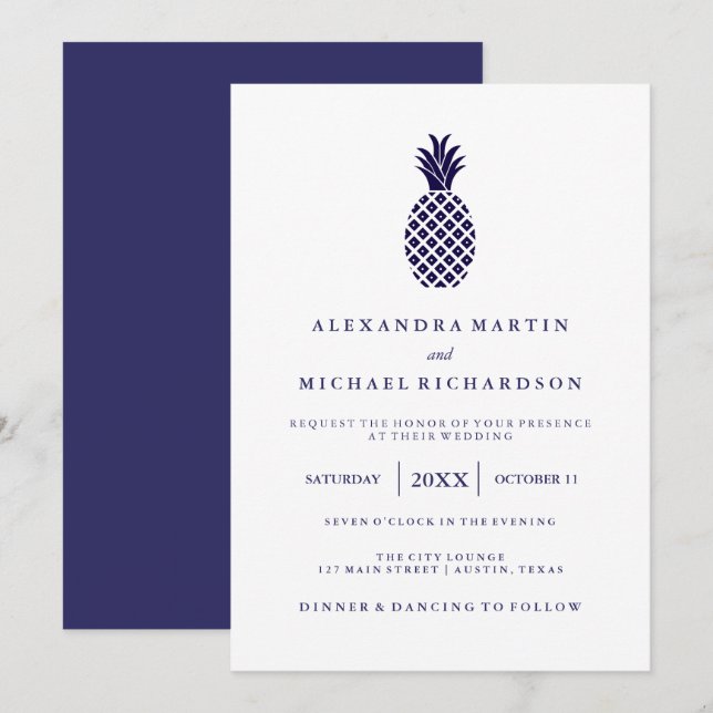 Classic Navy Pineapple Wedding Invitation (Front/Back)