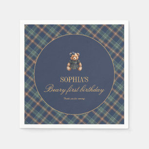 Classic Navy Plaid Teddy Bear Girl Birthday Napkin