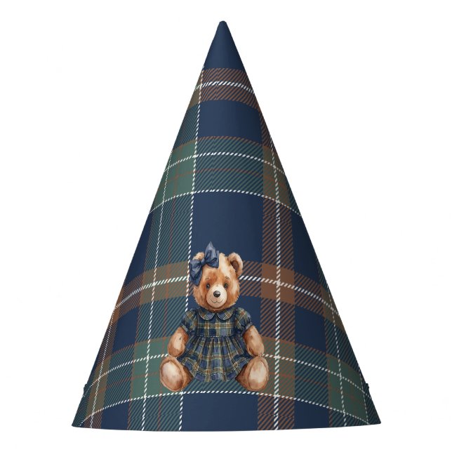 Classic Navy Plaid Teddy Bear Girl Birthday  Party Hat (Front)