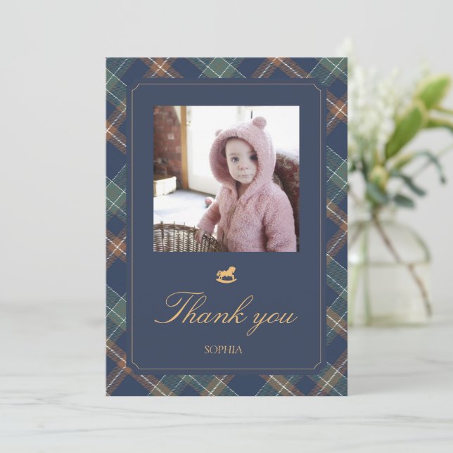 Classic Navy Plaid Teddy Bear Girl Birthday Photo  Thank You Card (Standing Front)