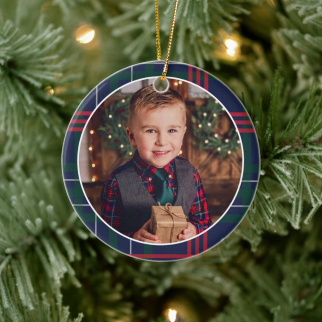 Classic Navy Red Green Tartan Plaid Custom Photo Ceramic Tree Decoration (Tree)