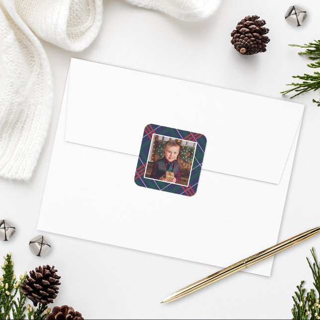 Classic Navy Red Green Tartan Plaid Holiday Photo Square Sticker (Creator Uploaded)