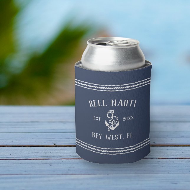 Classic Navy Rustic Anchor Personalised Boat Name Can Cooler (Creator Uploaded)