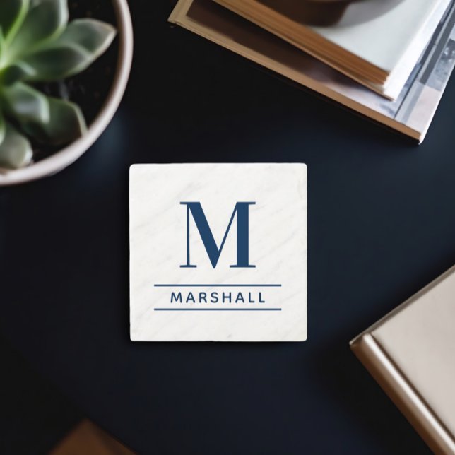 Classic Navy Serif Monogram Family Name Stone Coaster (Creator Uploaded)