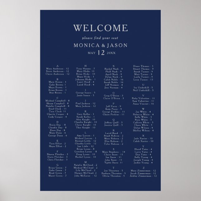 Classic Navy | Silver Alphabetical Seating Chart (Front)