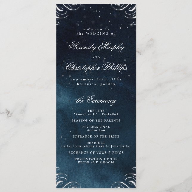 Classic Navy Silver Calligraphy Wedding Program Menu (Front)