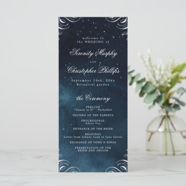 Classic Navy Silver Calligraphy Wedding Program Menu (Standing Front)