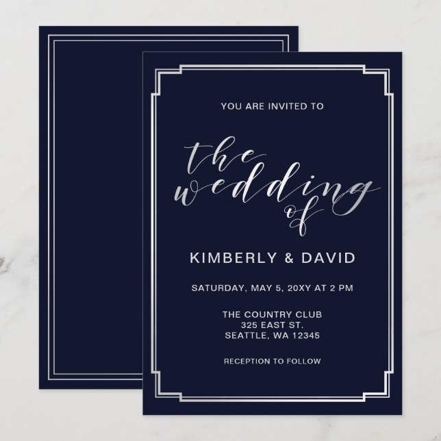 Classic Navy Silver Wedding Invitation (Front/Back)