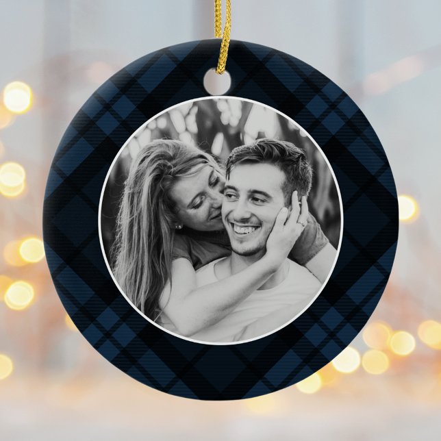 Classic Navy Tartan Plaid Photo Holiday Ceramic Tree Decoration (Creator Uploaded)
