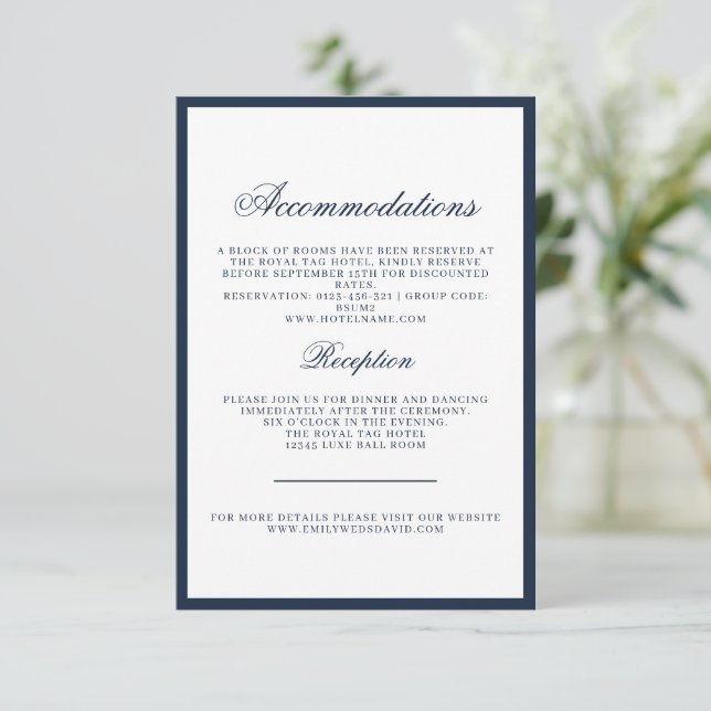 Classic Navy Vintage Wedding Details Enclosure Card (Standing Front)