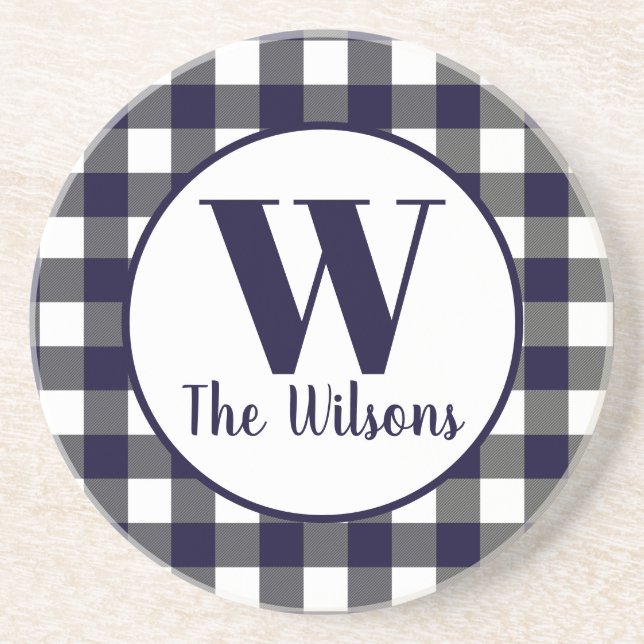 Classic Navy White Buffalo Plaid Monogram Coaster (Front)