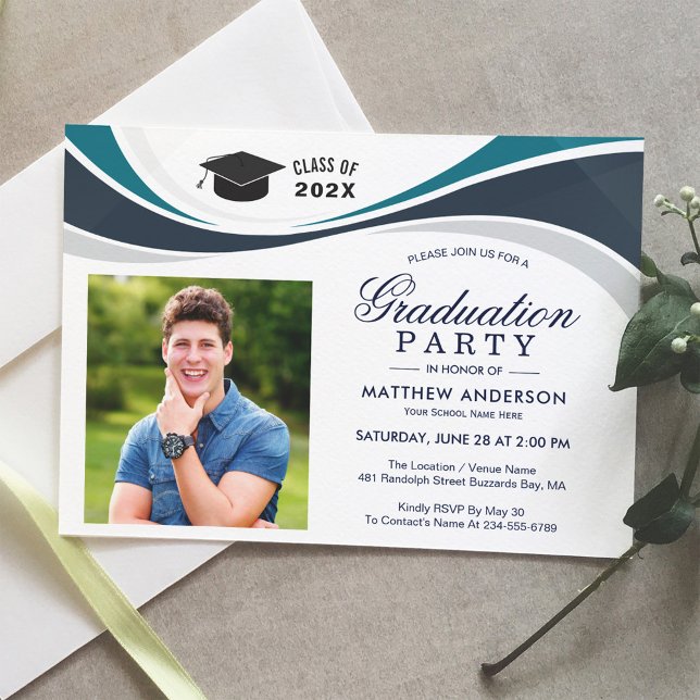 Classic Navy White Graduate Photo Graduation Party Invitation (Creator Uploaded)