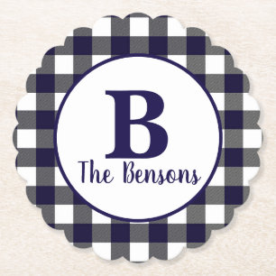 Classic Navy White Monogram Buffalo Plaid Paper Coaster