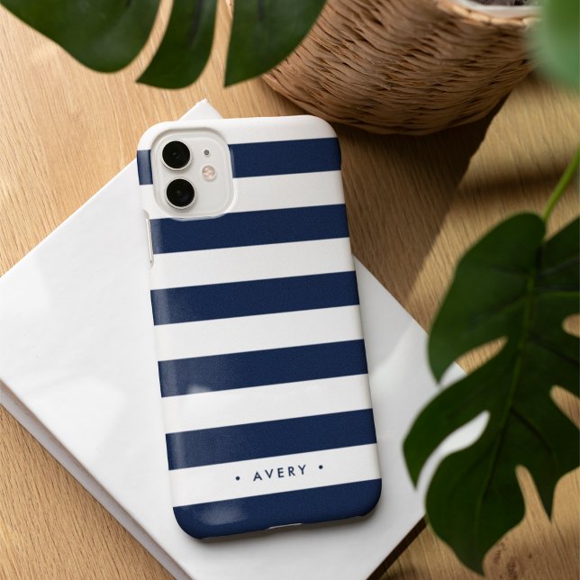 Classic Navy & White Stripe Personalised iPhone 16 Case (Creator Uploaded)