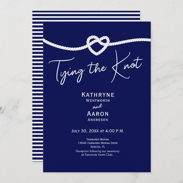 Classic Navy White Stripes Tying the Knot Wedding  Invitation (Front/Back)