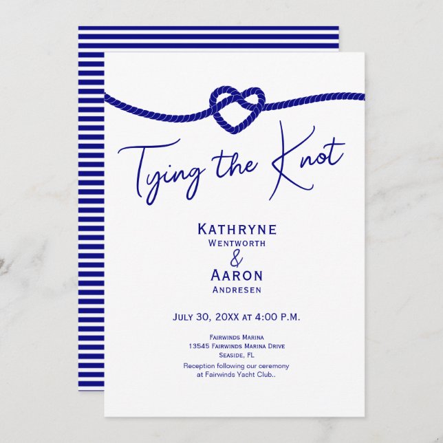 Classic Navy White Stripes Tying the Knot Wedding  Invitation (Front/Back)
