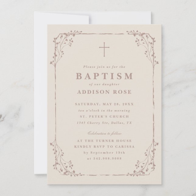 Classic Neutral Dainty Floral Frame Baptism Invitation (Front)