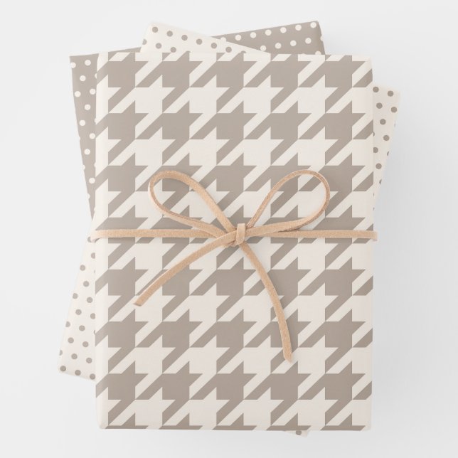 Classic Neutral Ivory Taupe Houndstooth Pattern Wrapping Paper Sheet (In situ)
