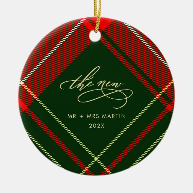 Classic Newlywed Christmas Red Plaid Photo Holiday Ceramic Tree Decoration (Front)