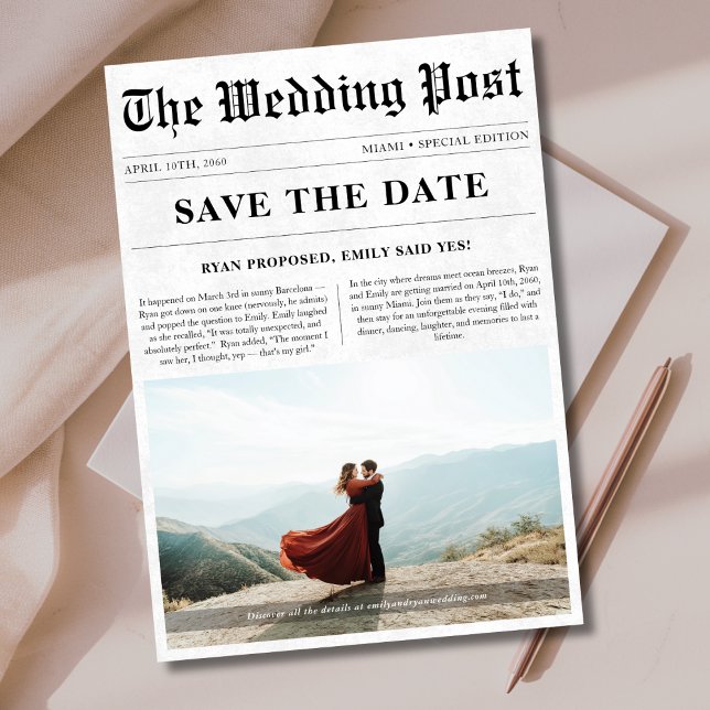 Classic Newspaper Style Romantic Photo Wedding Save The Date (Creator Uploaded)