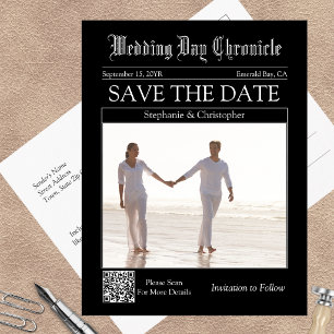 Classic Newspaper Wedding QR Code Save the Date Postcard
