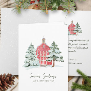 Classic Nordic Red Barn Winter Pine Christmas Tree Card