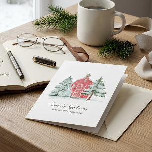 Classic Nordic Red Barn Winter Pine Christmas Tree Card