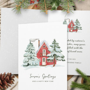 Classic Nordic Winter Red Barn Pine Christmas Tree Card