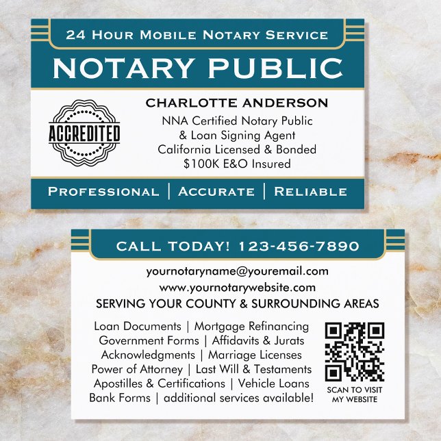 Classic Notary Signing Agent ID Logo Blue Gold Business Card (Creator Uploaded)