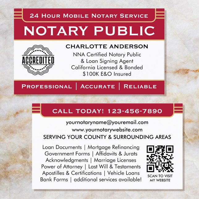 Classic Notary Signing Agent ID Logo Red Gold Business Card (Creator Uploaded)