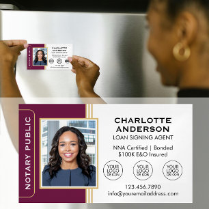 Classic Notary Signing Agent Photo Plum Gold Magnetic Business Card