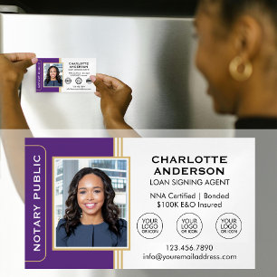 Classic Notary Signing Agent Photo Purple Gold Magnetic Business Card