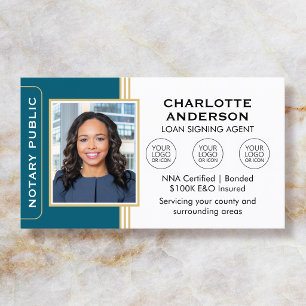 Classic Notary Signing Agent Photo Teal Gold Business Card