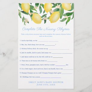 Classic Nursery Rhymes Game Card Lemon Baby Shower