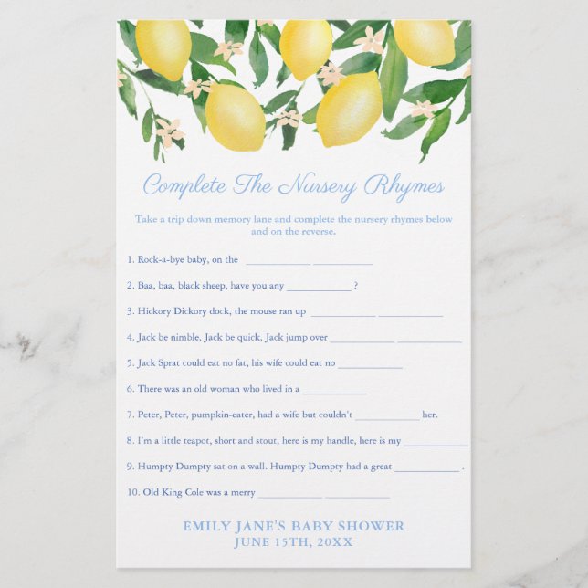 Classic Nursery Rhymes Game Card Lemon Baby Shower (Front)