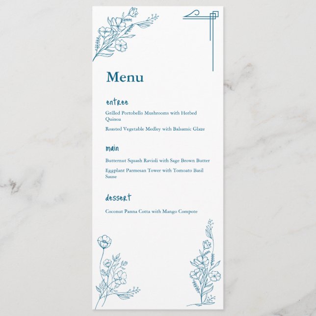 Classic Ocean blue Floral Design Flat Menu (Front)