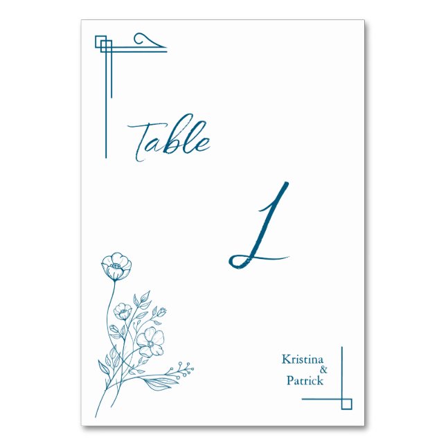 Classic Ocean Blue Floral Design Table Number (Front)