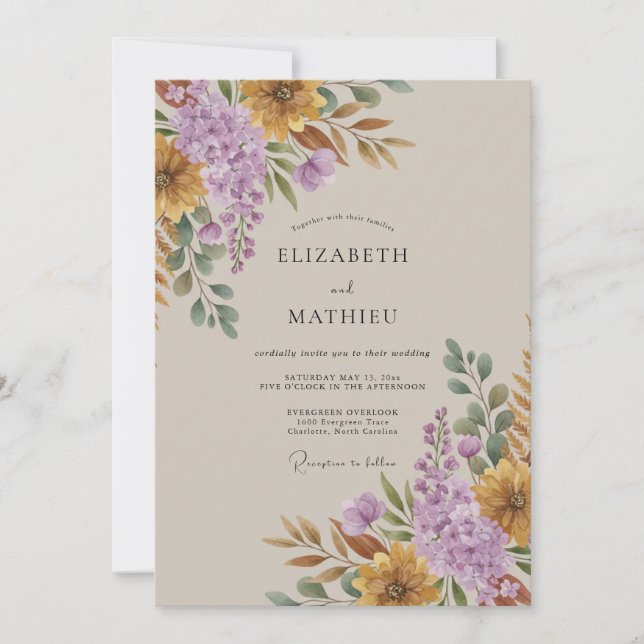 Classic Ochre Amethyst Leafy Wedding Invitation (Front)