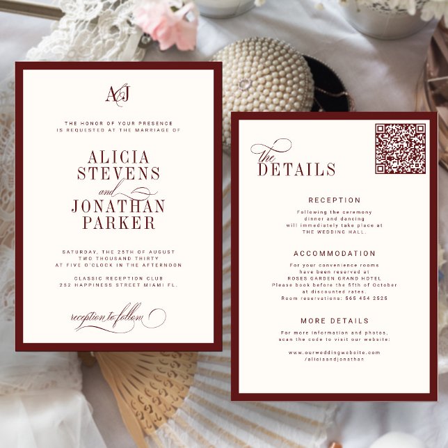 Classic old money burgundy ivory wedding invitation (Creator Uploaded)