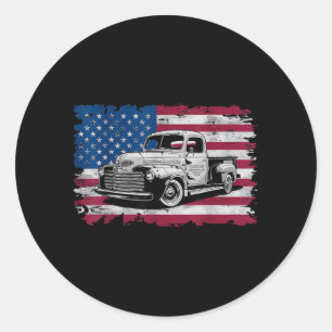 Classic Old Pickup Truck American Flag 4th of July Round Sticker