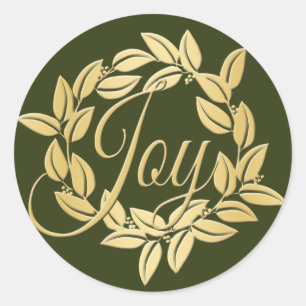 Classic Olive and Gold Bay Leaf Joy Wreath Round Sticker