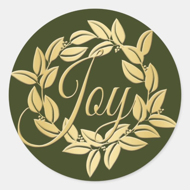 Classic Olive and Gold Bay Leaf Joy Wreath Round Sticker (Front)