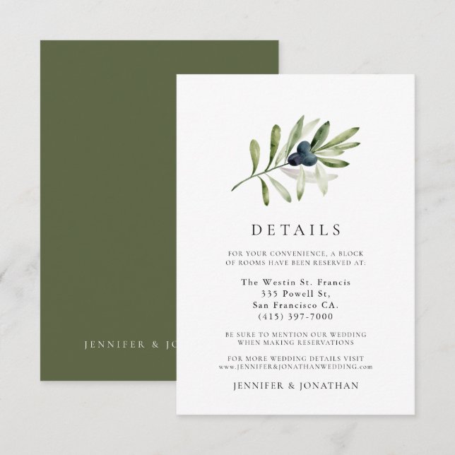 Classic Olive Branch Wedding Details Card (Front/Back)