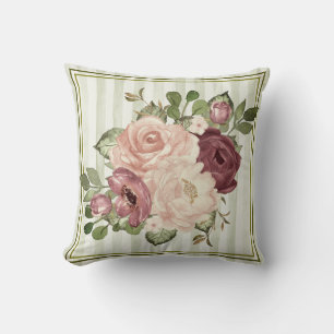 Classic Olive/Cream Stripes with Cabbage Roses  Cushion